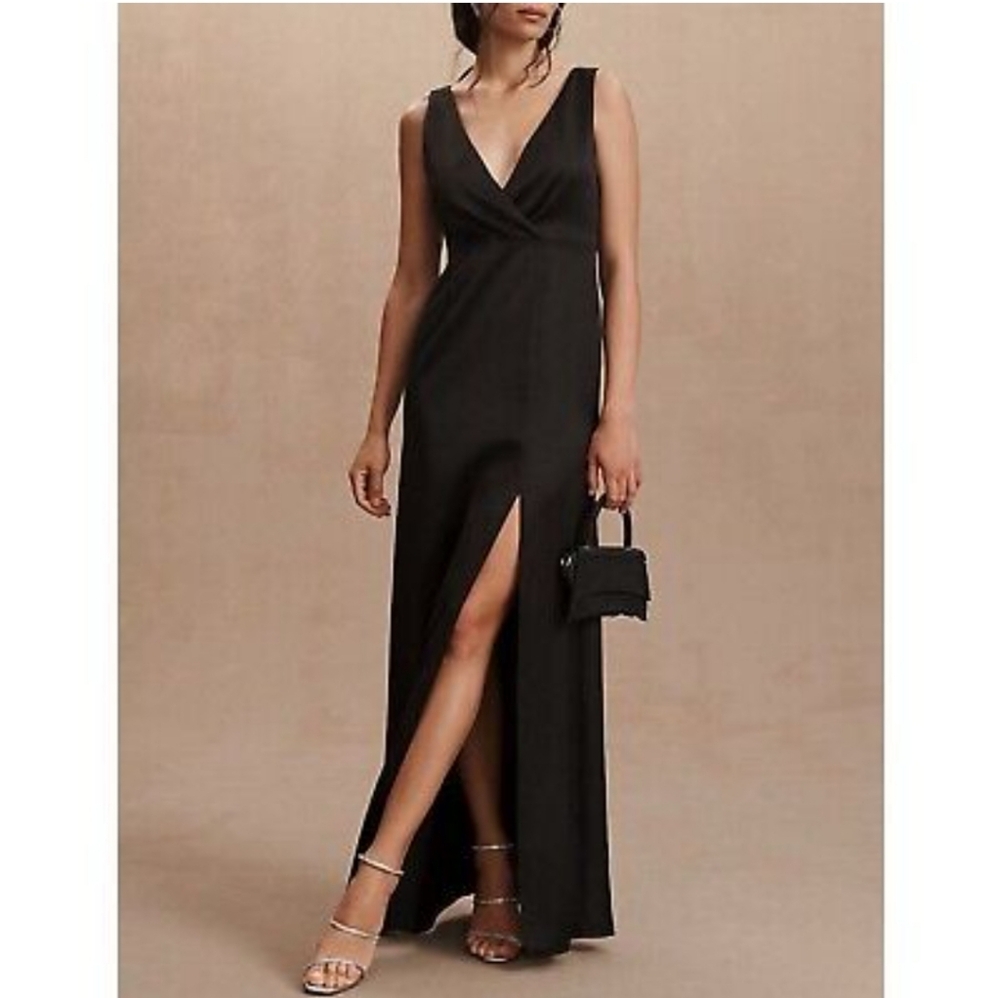 BHLDN Black V Neck Side Slit Dress